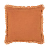 Bertie Velvet Cotton Cushion in rust, reverse side shown with plain cotton back, concealed zip, and fringed edge trim on a white background.