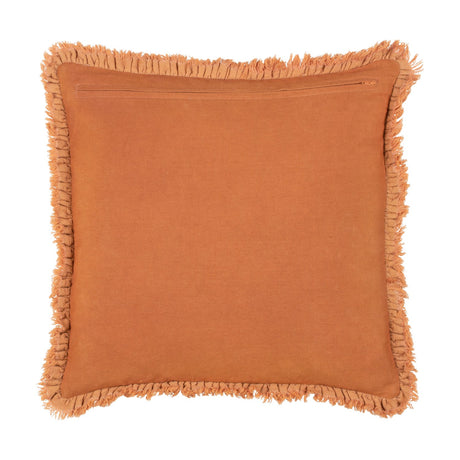 Bertie Velvet Cotton Cushion in rust, reverse side shown with plain cotton back, concealed zip, and fringed edge trim on a white background.