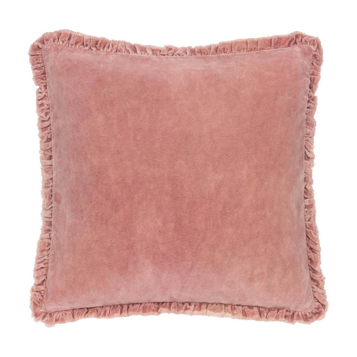 Bertie Velvet Cotton Cushion in rose pink, square with a soft frayed ruffled edge trim, shown against a plain white background.