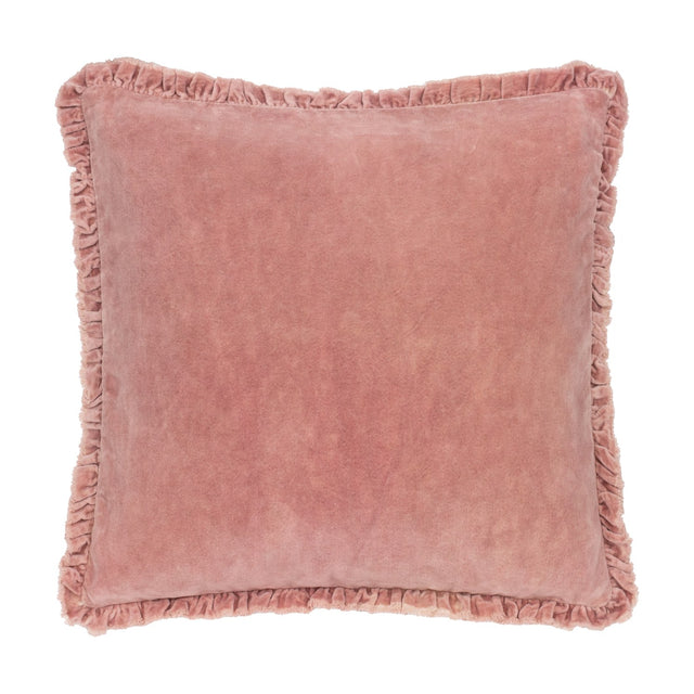 Bertie Velvet Cotton Cushion in rose pink, square with a soft frayed ruffled edge trim, shown against a plain white background.