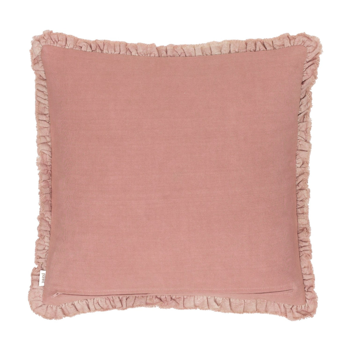 Bertie Velvet Cotton Cushion in rose pink with plain cotton reverse and soft frayed ruffled edging, shown on a plain white background.