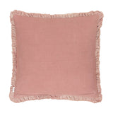 Bertie Velvet Cotton Cushion in rose pink with plain cotton reverse and soft frayed ruffled edging, shown on a plain white background.