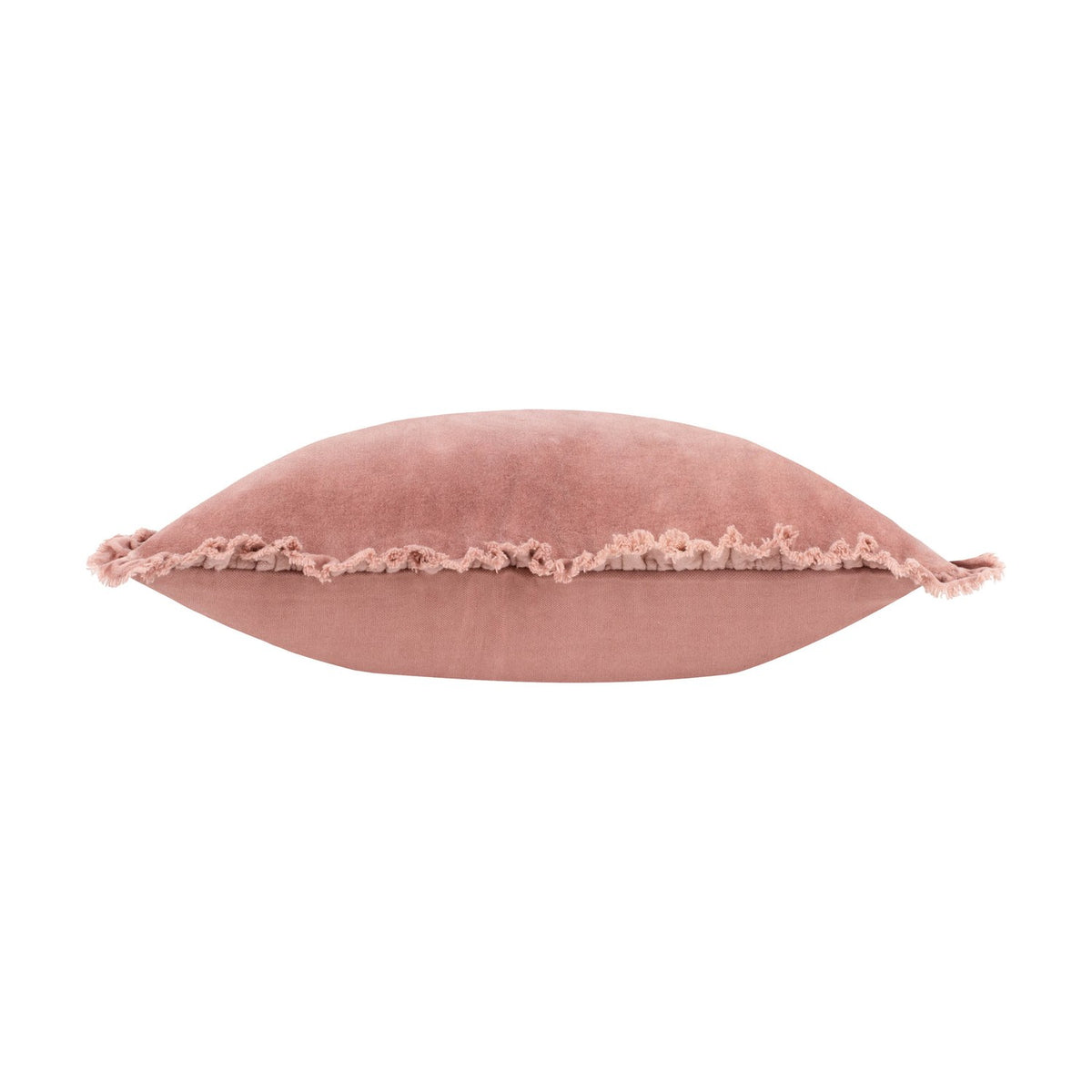 Bertie Velvet Cotton Cushion in rose pink, shown side-on with a frayed ruffled edge, cotton velvet front and plain cotton reverse, on a plain white background.