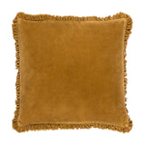 Bertie Velvet Cotton Cushion in Saffron, a square 45x45cm cushion with a warm mustard-yellow velvet front and frayed fringed edging, shown on a plain white background.