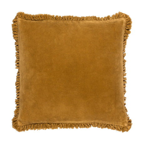 Bertie Velvet Cotton Cushion in Saffron, a square 45x45cm cushion with a warm mustard-yellow velvet front and frayed fringed edging, shown on a plain white background.