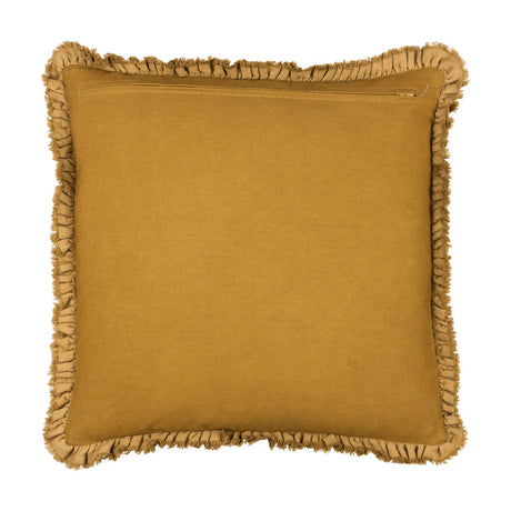 Bertie Velvet Cotton Cushion in saffron, reverse view showing plain mustard cotton back with concealed zip and frayed fringed edging, on a white background.