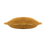 Bertie Velvet Cotton Cushion in saffron, shown side-on to reveal its plump shape and frayed fringed edge trim, set against a plain white background.