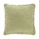 Bertie Velvet Cotton Cushion in light sage, square shape with a mottled cotton velvet front and ruffled edge trim, shown on a plain white background.