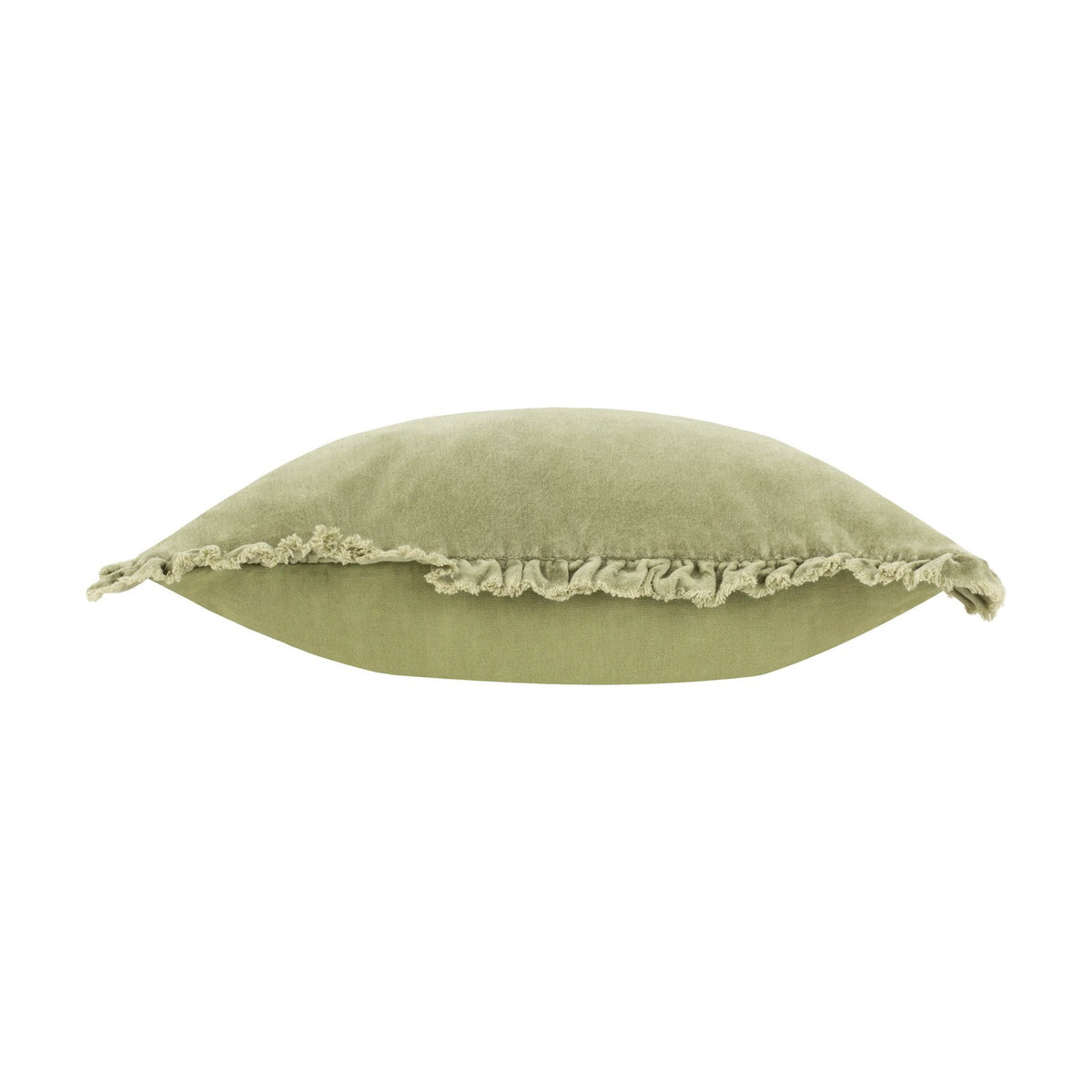Bertie Velvet Cotton Cushion in light sage, shown side-on to reveal a fringed edge trim and plain cotton reverse against a white background.
