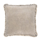 Bertie Velvet Cotton Cushion in pale grey-taupe, square with a ruched, frayed edge border and soft velvet front, shown on a plain white background.