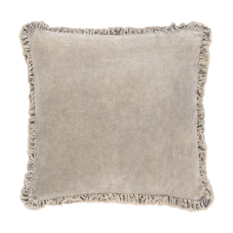 Bertie Velvet Cotton Cushion in pale grey-taupe, square with a ruched, frayed edge border and soft velvet front, shown on a plain white background.