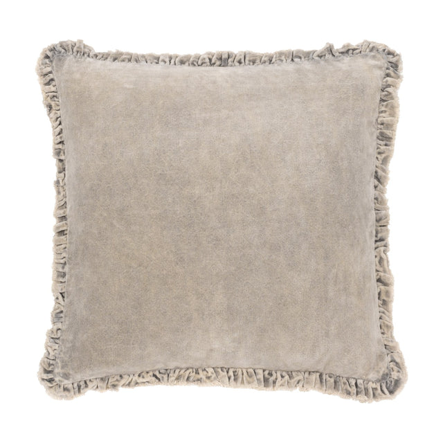 Bertie Velvet Cotton Cushion in pale grey-taupe, square with a ruched, frayed edge border and soft velvet front, shown on a plain white background.