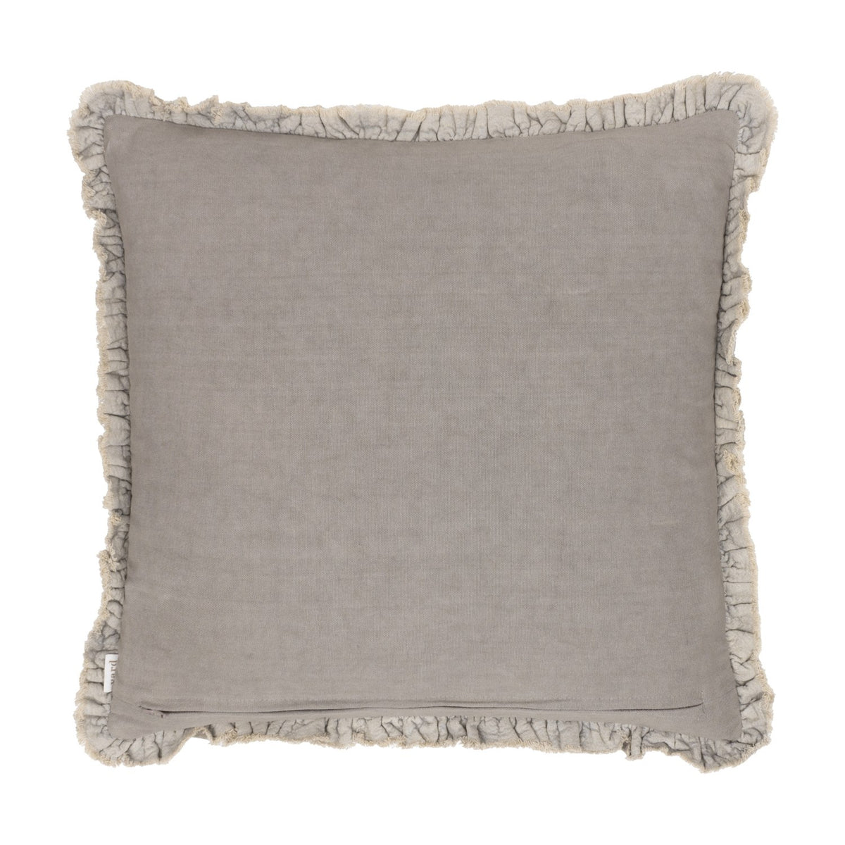 Bertie Velvet Cotton Cushion in pale grey-taupe, square with a plain velvet front and ruched, frayed edge trim, shown on a white background.