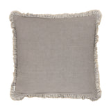 Bertie Velvet Cotton Cushion in pale grey-taupe, square with a plain velvet front and ruched, frayed edge trim, shown on a white background.