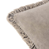 Close-up of the Bertie velvet cotton cushion in pale grey-taupe, showing the soft cotton velvet face and ruched, frayed edge trim against a white background.