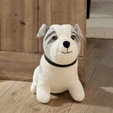 Bestie Dog Waffle Cotton Door Stop in Natural, a bulldog-shaped doorstop with cream waffle-weave body, grey face and ear markings, black collar, shown seated against a wooden door.