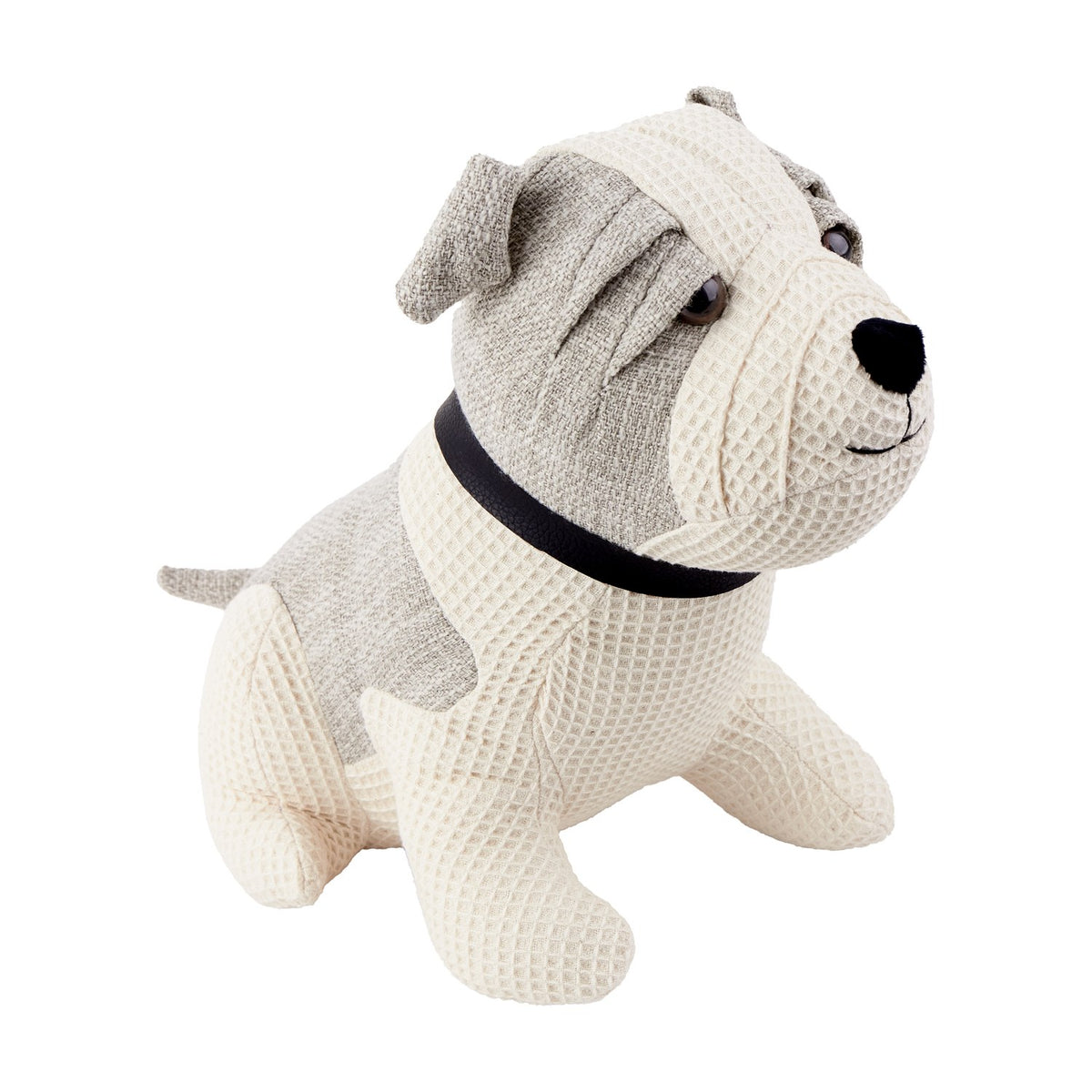 Bestie Dog Waffle Cotton Door Stop in Natural, a bulldog-shaped door stop with cream waffle-weave body, grey face and back markings, black collar, and a sitting pose on a plain white background.