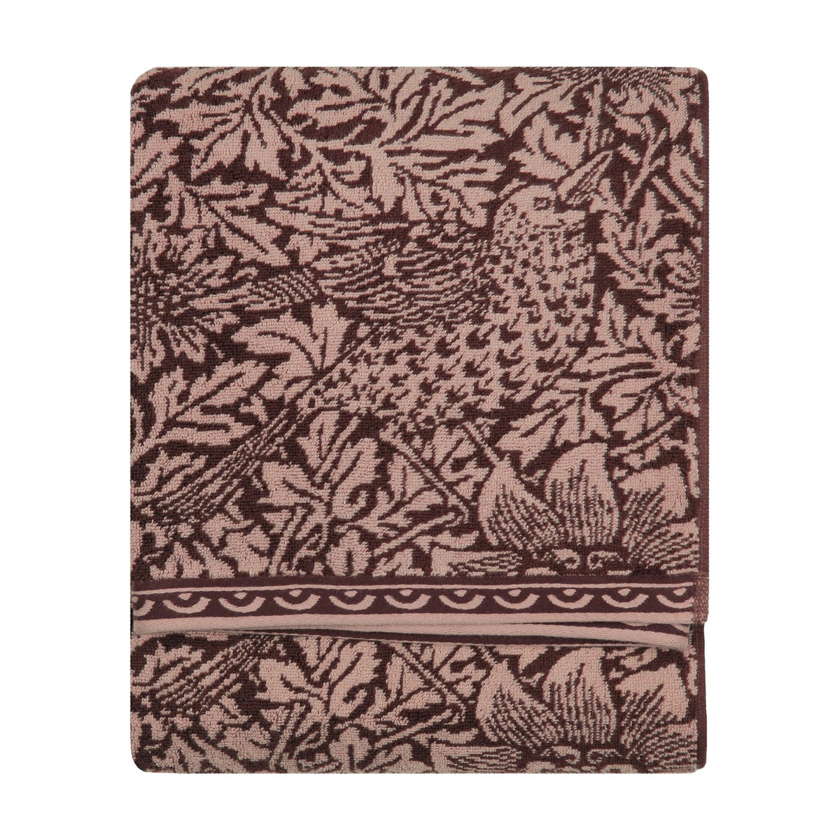 Folded jacquard cotton towel in plum, showing Morris & Co.'s Bird & Anemone pattern in dusky rose and aubergine with a scalloped border, on a plain white background.