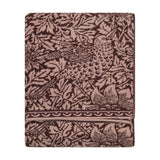Folded jacquard cotton towel in plum, showing Morris & Co.'s Bird & Anemone pattern in dusky rose and aubergine with a scalloped border, on a plain white background.