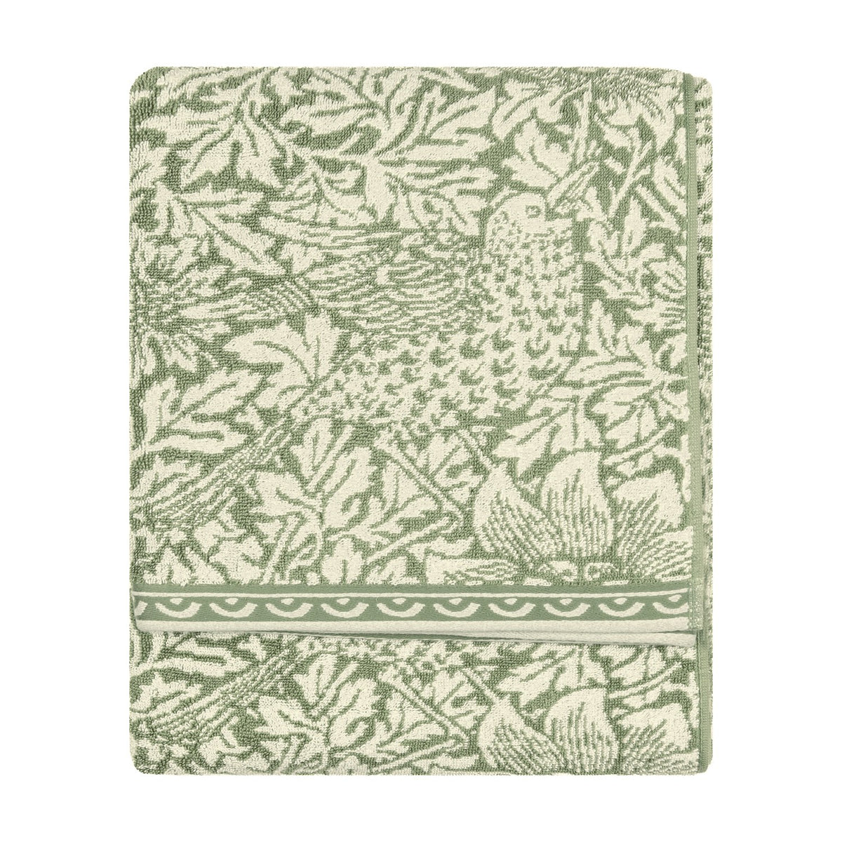 Folded Bird & Anemone jacquard cotton towel in sage green, showing a leafy foliage and bird pattern with a scalloped border, on a plain white background.