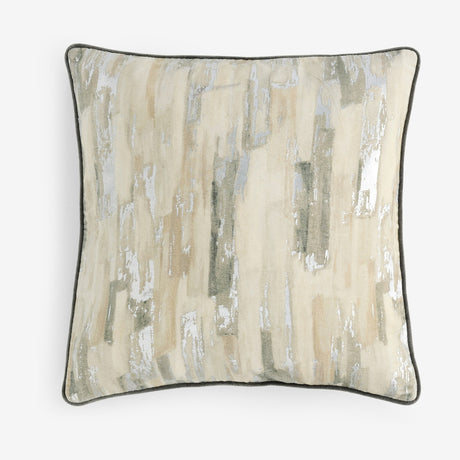 Square Blocks cotton velvet cushion in cream and stone with a foil-printed abstract vertical block design and metallic silver shimmer, grey piped edge, shown on a plain white background.