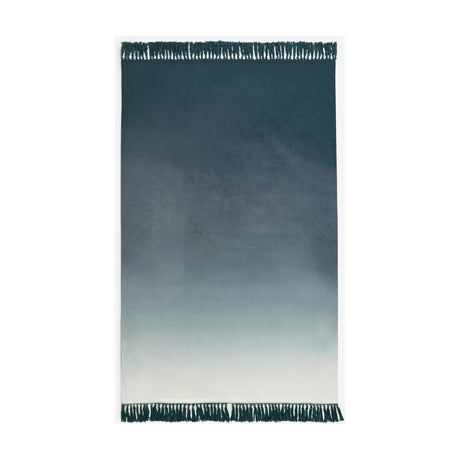 Bloom Plain Velvet Throw in Green, a rectangular velvet throw with a teal-green to off-white gradient and knotted tasselled trim top and bottom, shown on a plain white background.
