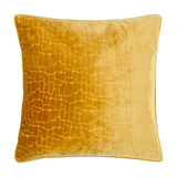 Bloomsbury Abstract Velvet Cushion in mustard, square 50x50cm design with cut-velvet geometric mosaic texture shifting from amber to gold, shown on a plain white background.