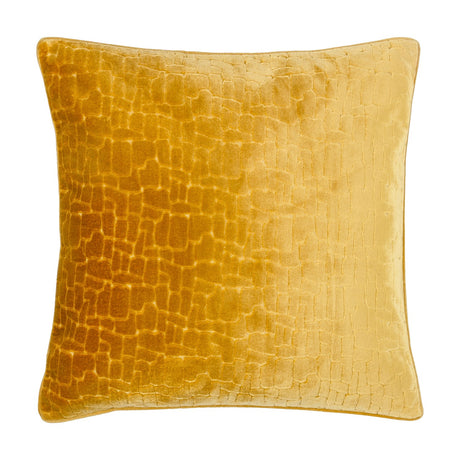 Bloomsbury Abstract Velvet Cushion in mustard, square 50x50cm design with cut-velvet geometric mosaic texture shifting from amber to gold, shown on a plain white background.