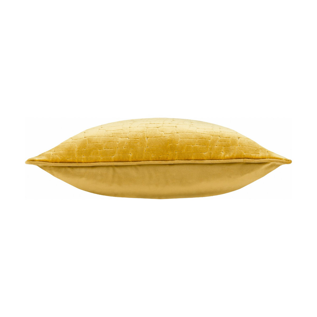 Bloomsbury Abstract Velvet Cushion in mustard, shown side-on with plain piped edges, textured geometric velvet front and plain velvet back, on a white background.