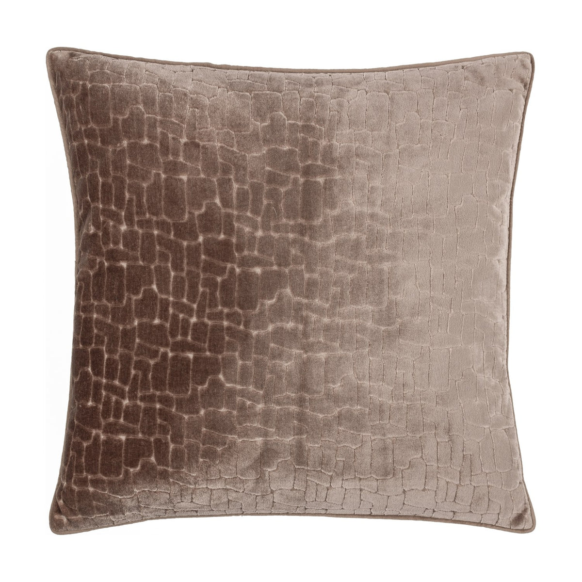 Bloomsbury Abstract Velvet Cushion in taupe, square with an irregular cellular cut-velvet pattern and plain velvet piped edge, shown on a white background.