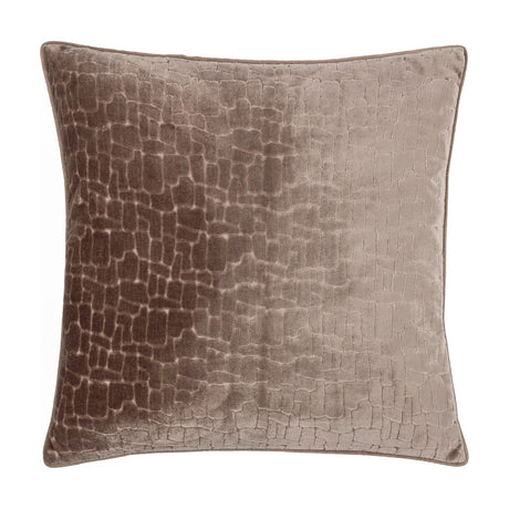 Bloomsbury Abstract Velvet Cushion in taupe, square with an irregular cellular cut-velvet pattern and plain velvet piped edge, shown on a white background.