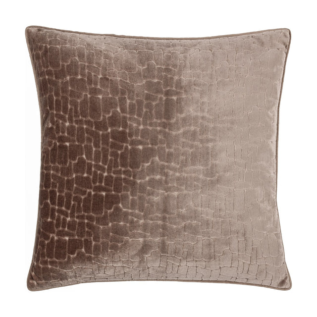Bloomsbury Abstract Velvet Cushion in taupe, square with an irregular cellular cut-velvet pattern and plain velvet piped edge, shown on a white background.