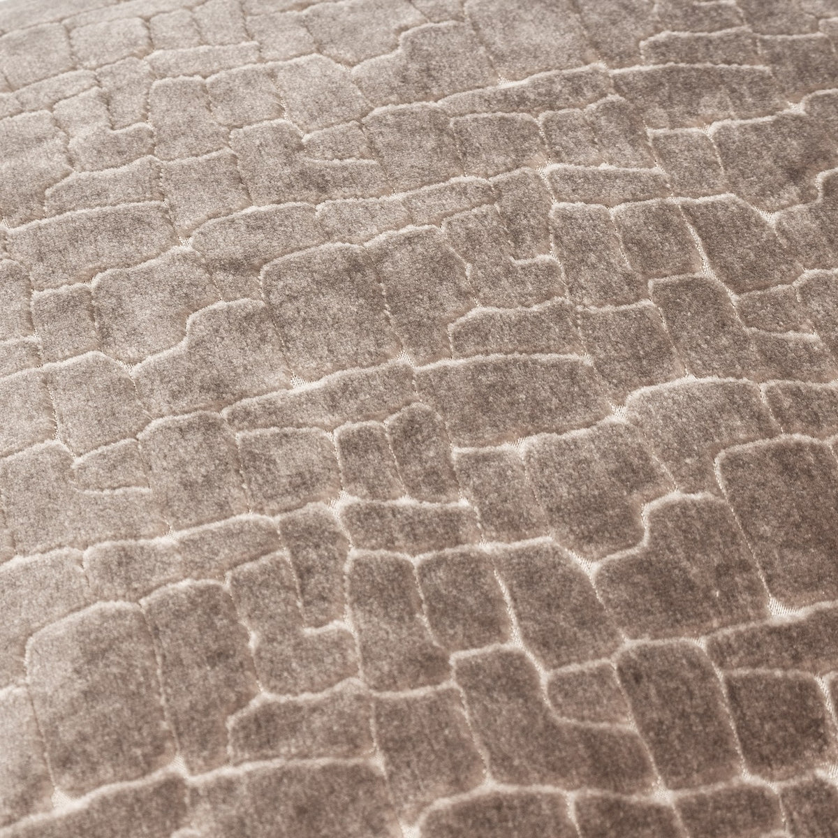 Close-up of the Bloomsbury Abstract Velvet Cushion in taupe, showing cut-velvet pile carved into an irregular cellular pattern with contrasting light and shadow.