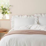 Blousey plain white cotton pillowcase pair with ruffled edge and pink piped trim, shown styled on a bed in a bedroom setting with a pink cotton throw.