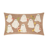 Bootanical Floral Velvet Cushion in Natural, a rectangular tufted cushion with embroidered ghost figures and floral accents in red, yellow and pink on a beige ground, shown on a white background.