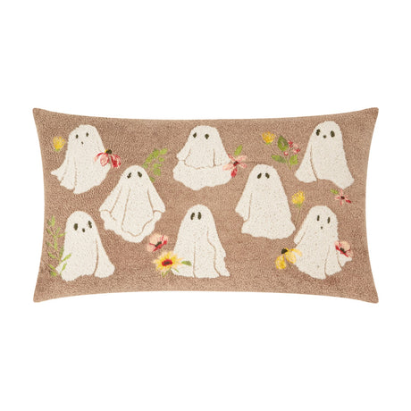Bootanical Floral Velvet Cushion in Natural, a rectangular tufted cushion with embroidered ghost figures and floral accents in red, yellow and pink on a beige ground, shown on a white background.