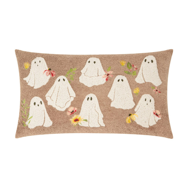 Bootanical Floral Velvet Cushion in Natural, a rectangular tufted cushion with embroidered ghost figures and floral accents in red, yellow and pink on a beige ground, shown on a white background.