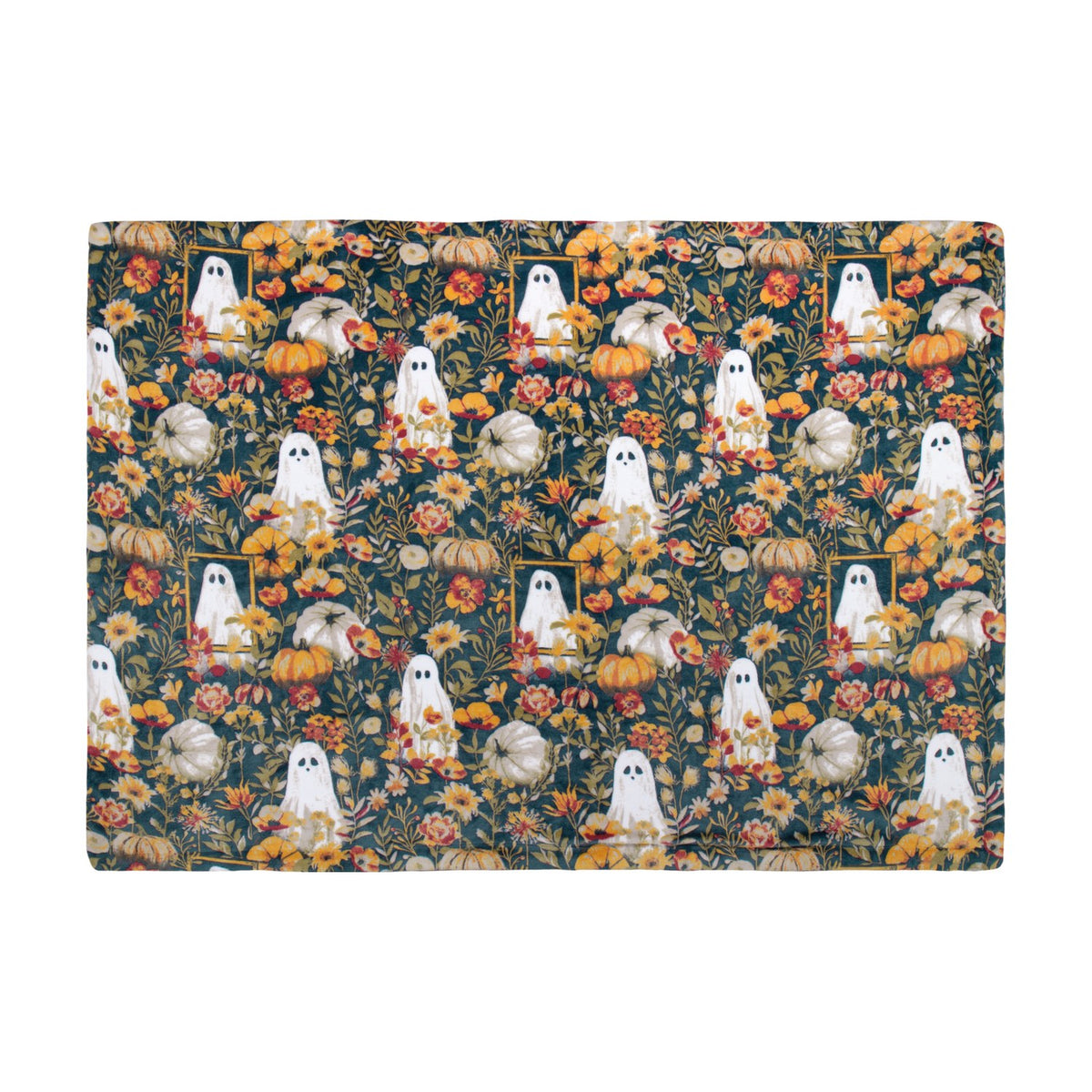 Botanical floral fleece throw in multi, featuring an autumnal pattern of teal, gold, rust and cream with small framed ghosts among pumpkins, shown flat on a white background.