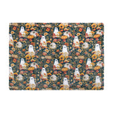 Botanical floral fleece throw in multi, featuring an autumnal pattern of teal, gold, rust and cream with small framed ghosts among pumpkins, shown flat on a white background.