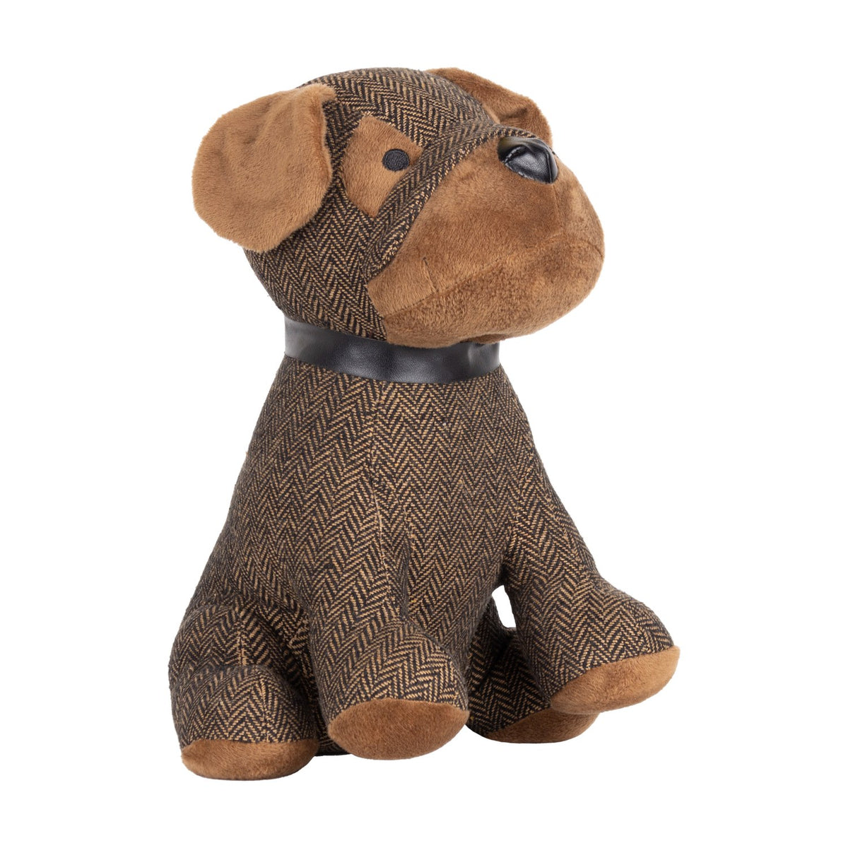 Boston Faux Fur Cotton Door Stop in brown, shaped as a seated dog with herringbone woven body, soft faux fur face, ears and paws, and a faux leather snout and collar, on a plain white background.