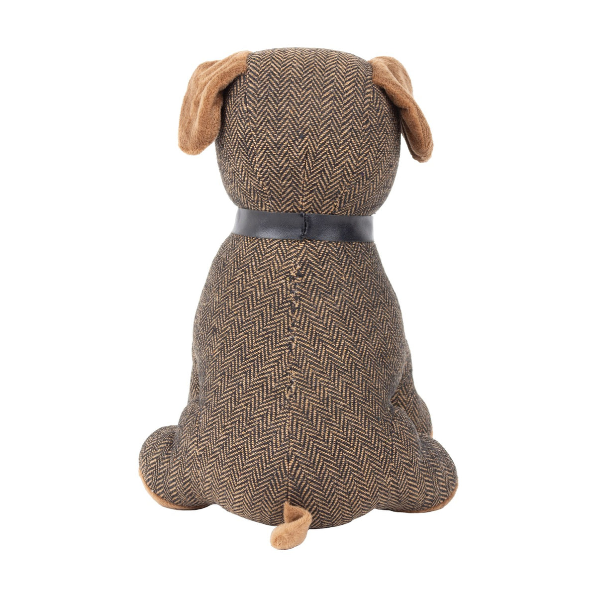 Boston Faux Fur Cotton Door Stop in brown, rear view of seated dog shape with herringbone woven body, faux fur ears and tail, and black faux leather collar, on a white background.