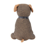 Boston Faux Fur Cotton Door Stop in brown, rear view of seated dog shape with herringbone woven body, faux fur ears and tail, and black faux leather collar, on a white background.