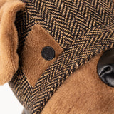 Close-up of the Boston Faux Fur Cotton Door Stop in brown, showing herringbone tweed fabric, faux fur ear and face detail, and an embroidered eye with faux leather snout.