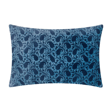 Rectangular Boteh velvet cotton cushion in true blue and navy, featuring a dense paisley print, shown on a plain white background.