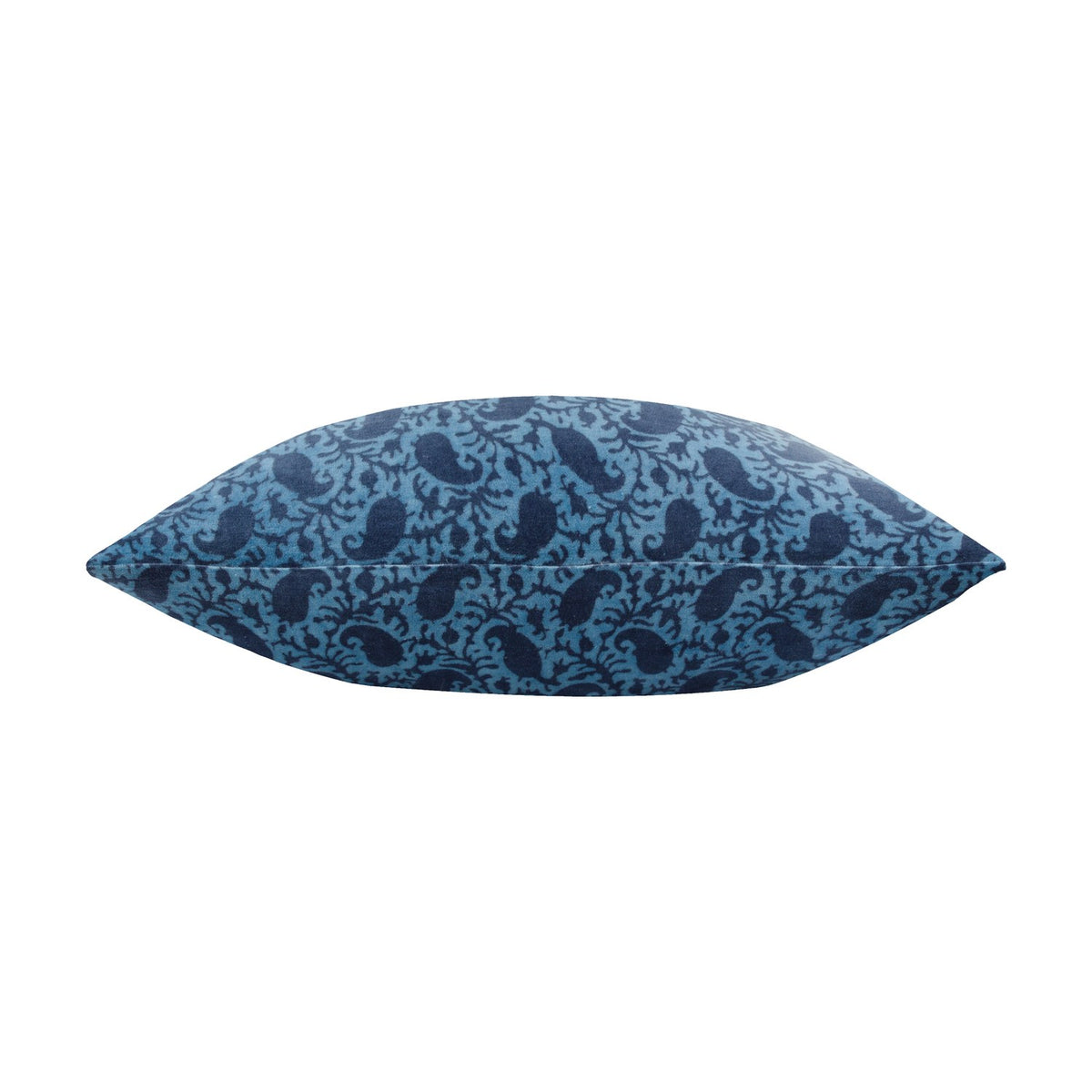 Side view of the Boteh Velvet Cotton Cushion in True Blue/Navy, a rectangular cotton velvet cushion with a dense paisley print, shown against a plain white background.
