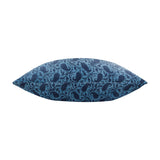 Side view of the Boteh Velvet Cotton Cushion in True Blue/Navy, a rectangular cotton velvet cushion with a dense paisley print, shown against a plain white background.