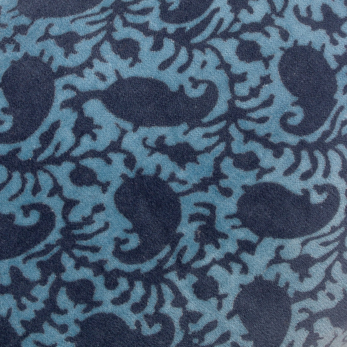 Boteh Velvet Cotton Cushion in True Blue/Navy, close-up of the dense paisley print showing navy teardrop motifs on a mid-blue velvet ground.