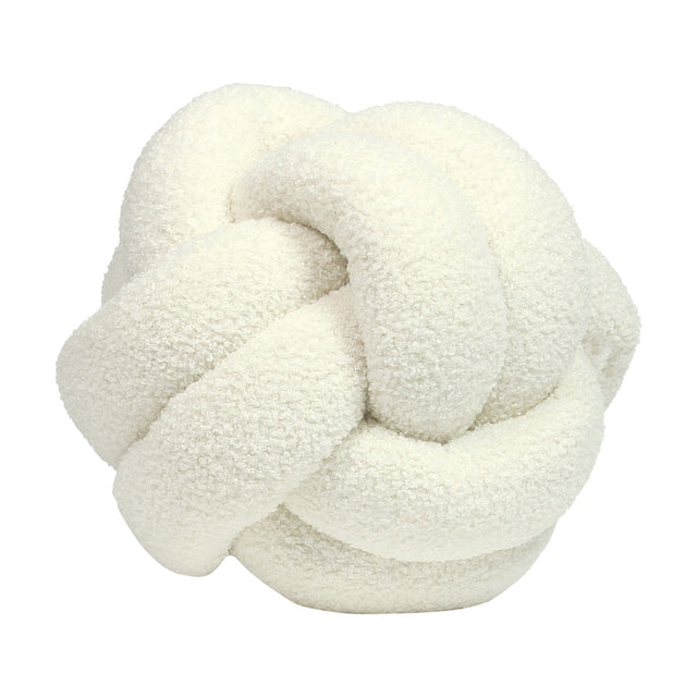 Boucle Knot Plain Polyester Cushion in Ecru, a rounded knot-shaped cushion in textured bouclé fleece fabric, shown on a plain white background.