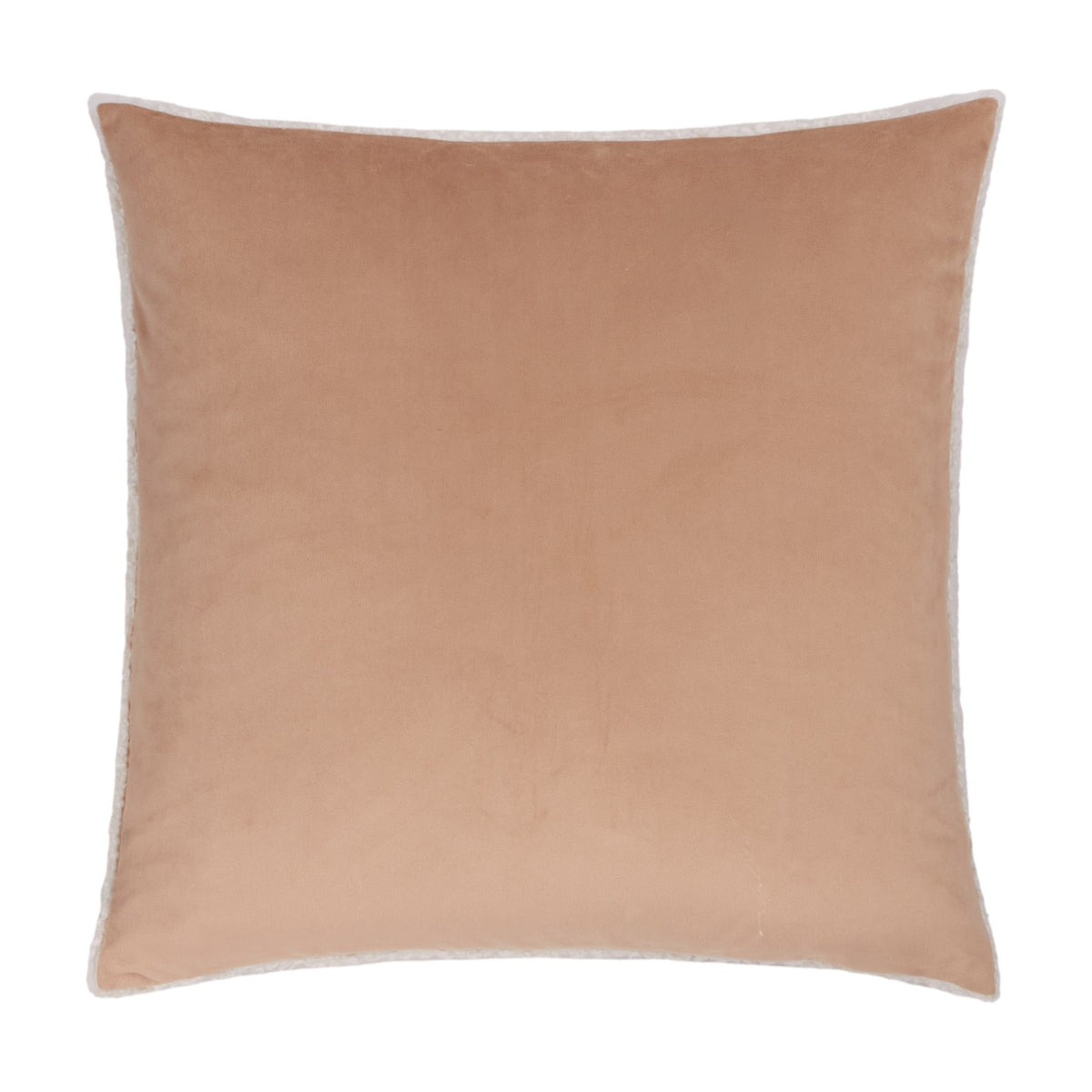 Square cushion in tan velvet with a natural boucle-textured piped edge, plain reverse, shown on a white background.