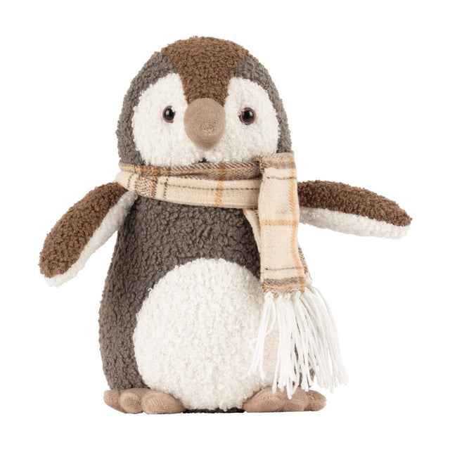 Boucle Penguin Animal Velvet Door Stop in warm grey, with cream face and belly, brown cap, velvet beak and feet, and a tartan scarf, shown on a plain white background.
